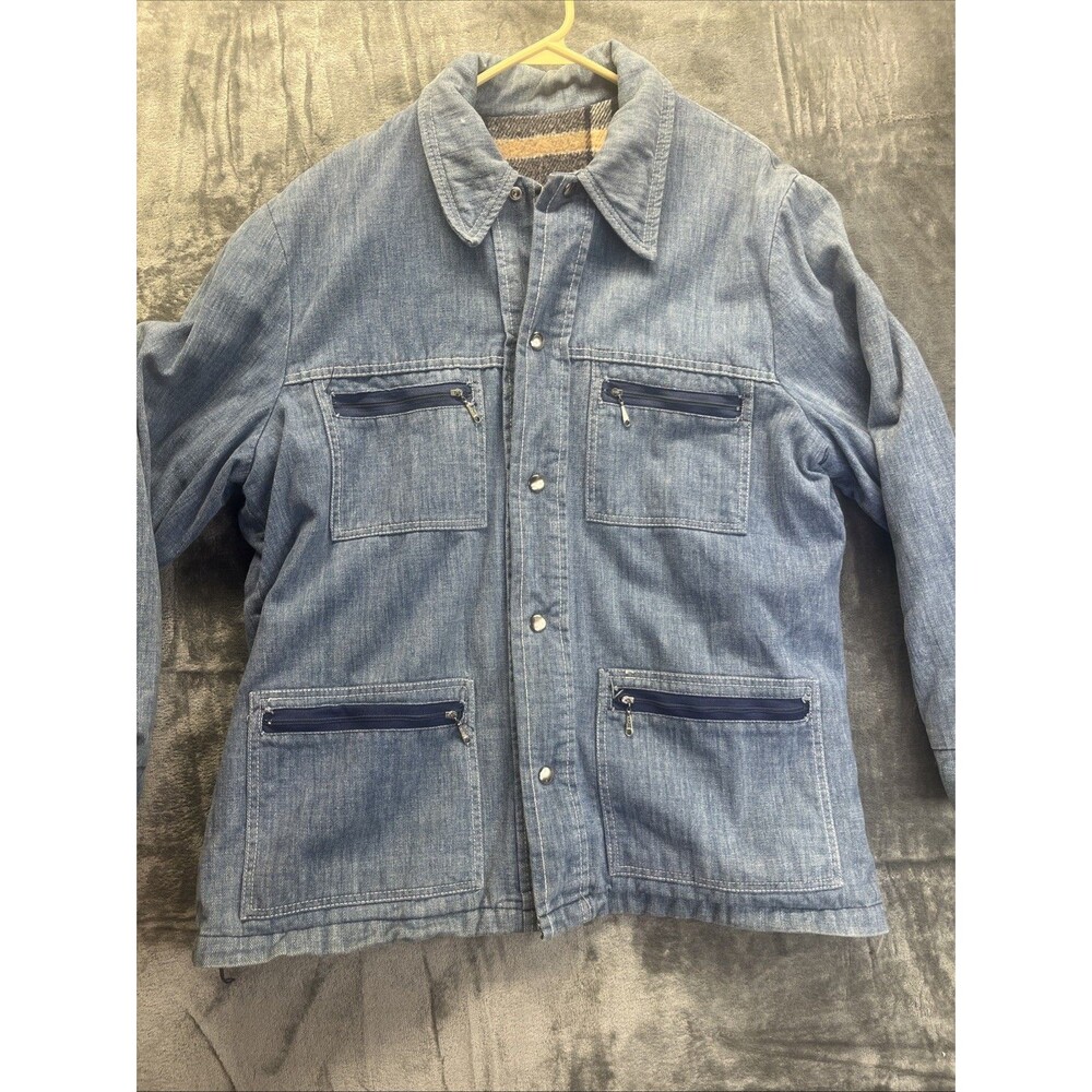 Denim Chore Jacket Blanket Lined L Workwear Talon Zip Zipper Pockets Vtg